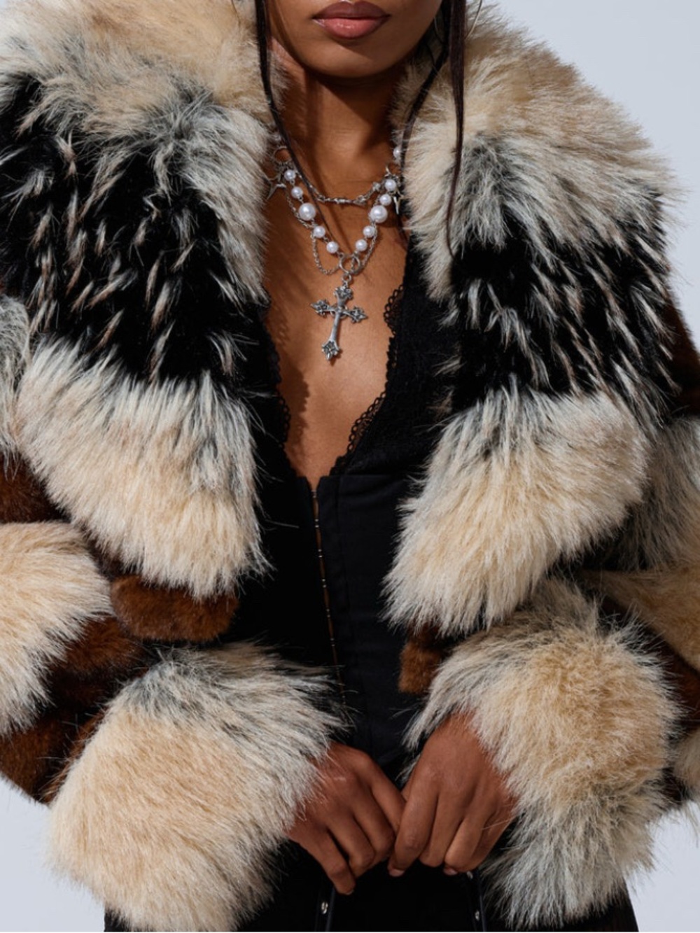 AKIRA Multi-Tone Faux Fur Teddy Jacket in Cream, Black & Brown
